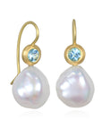 18 Karat Gold White Freshwater Baroque Pearl and Aquamarine Drop Earrings