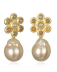 18 Karat Gold Raw Diamond Daisy Stud Earrings with Golden South Sea Pearl Drops