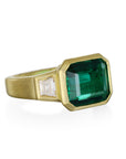 18 Karat Gold Emerald and Diamond Three Stone Ring