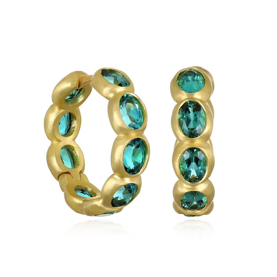 18 Karat Gold Blue-Green Tourmaline Eternity Hoops