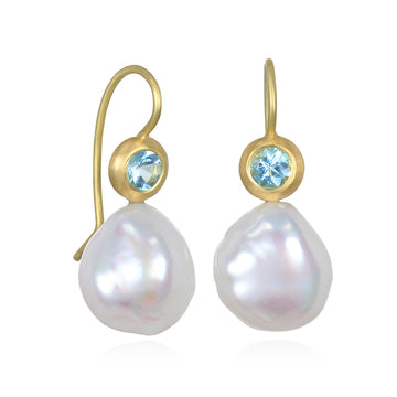 18 Karat Gold White Freshwater Baroque Pearl and Aquamarine Drop Earrings