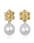 18 Karat Gold Raw Diamond Daisy Stud Earrings with White South Sea Pearl Drops