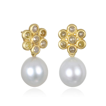 18 Karat Gold Raw Diamond Daisy Stud Earrings with White South Sea Pearl Drops