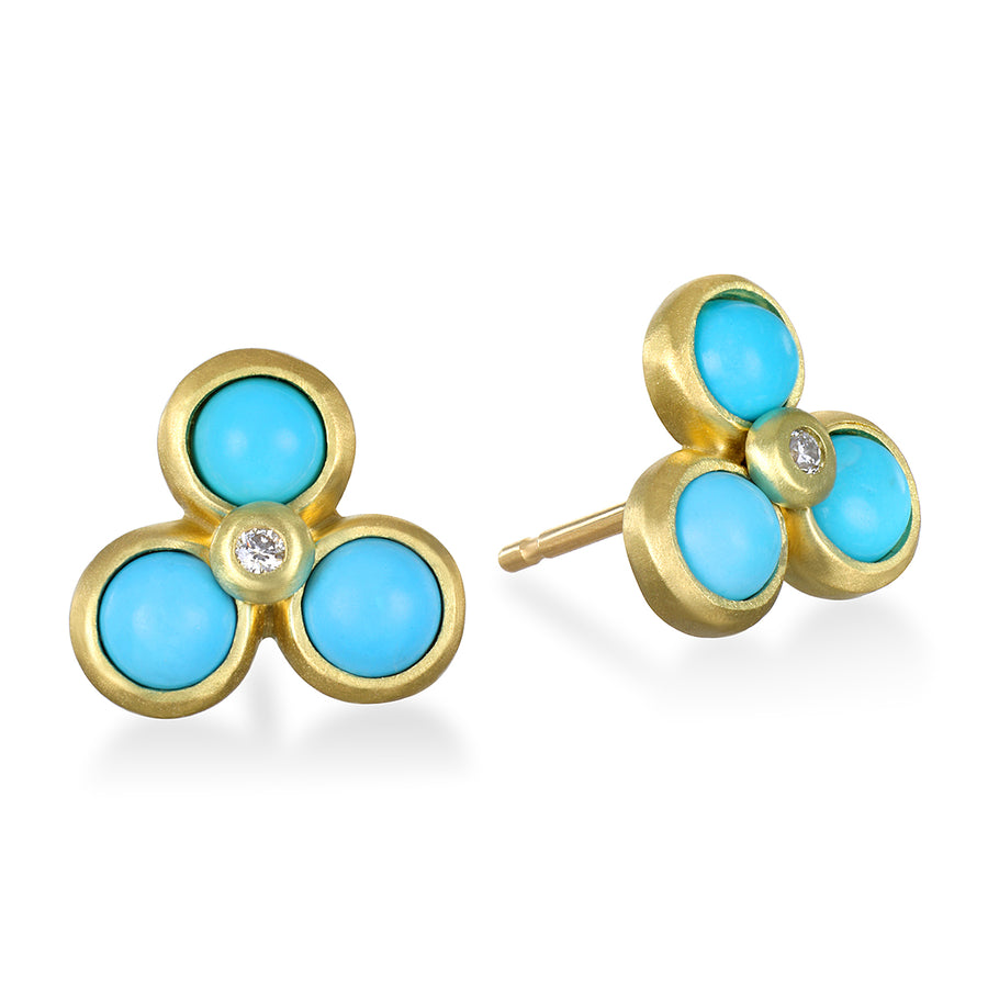 18 Karat Gold Triple Turquoise and Diamond Stud Earrings