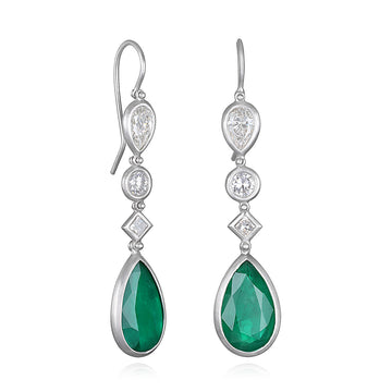 Platinum Pear Shape Emerald Diamond Earrings