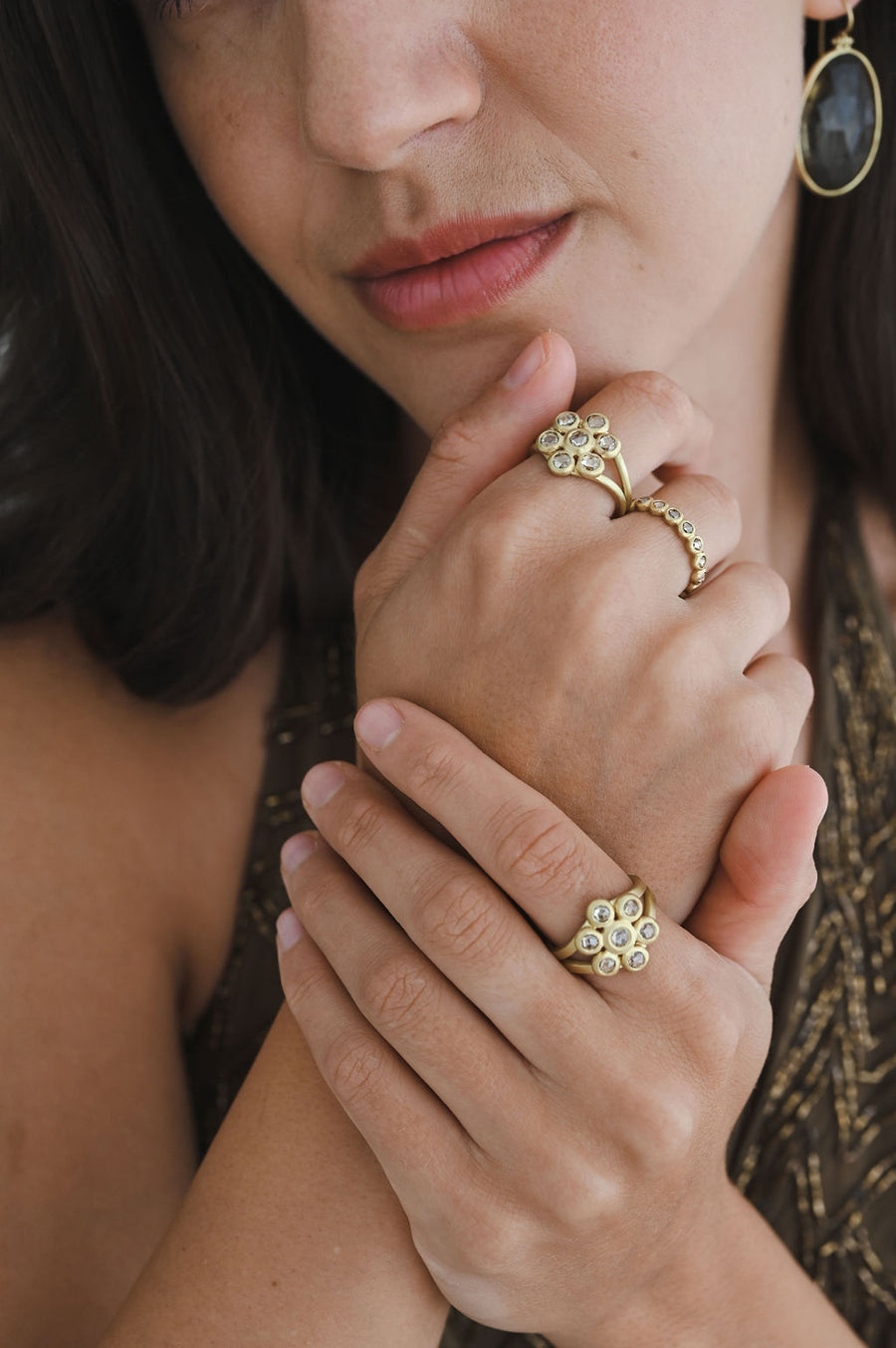 18 Karat Gold Champagne Rose Cut Diamond Daisy Ring