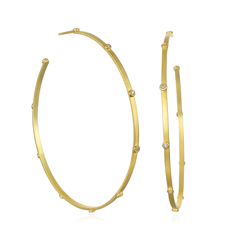 18 Karat Gold Diamond Granulation Bead Hoop Earrings