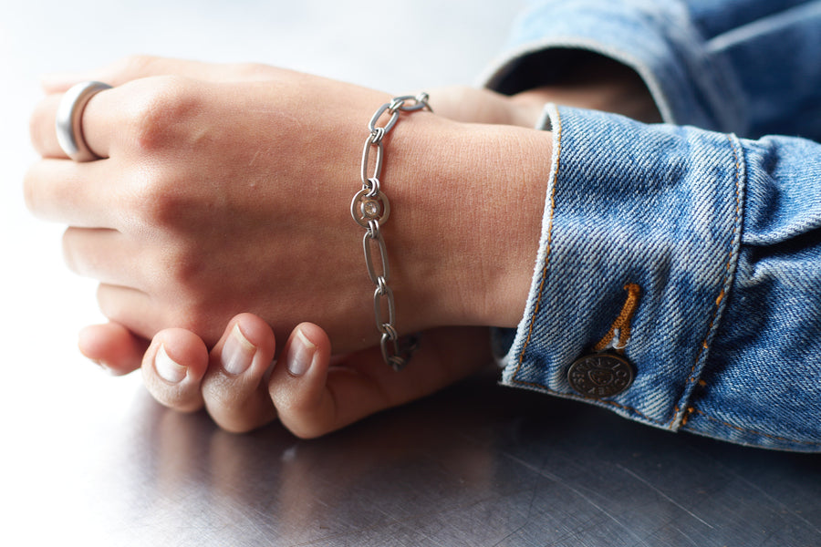 Platinum Paperclip Link Bracelet with Diamond Wheel