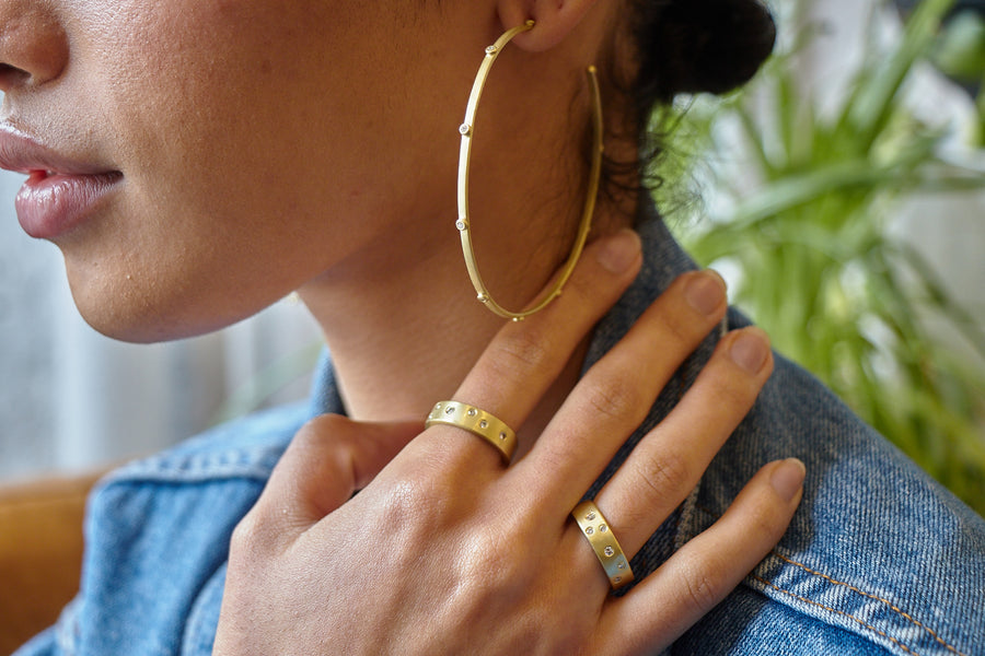 18 Karat Gold Diamond Granulation Bead Hoop Earrings