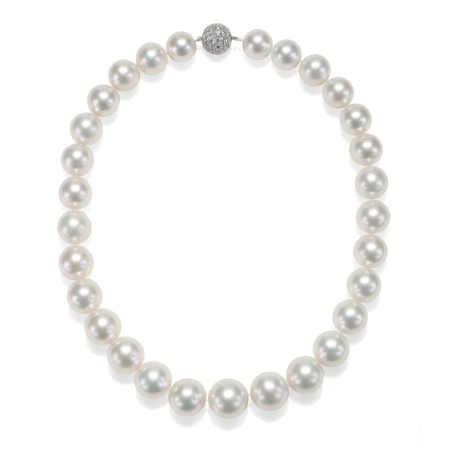 White South Sea Pearl Necklace with 18 Karat White Gold Diamond Clasp