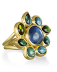 18 Karat Gold Blue-Green Tourmaline Cabochon Daisy Ring