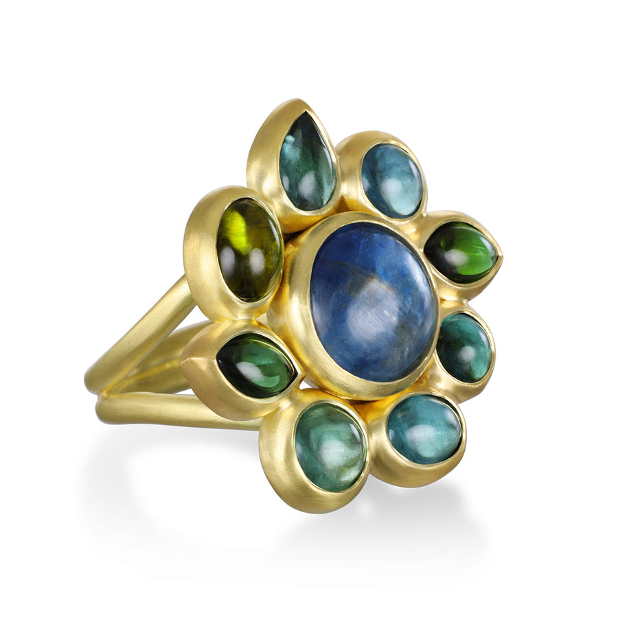 18 Karat Gold Blue-Green Tourmaline Cabochon Daisy Ring