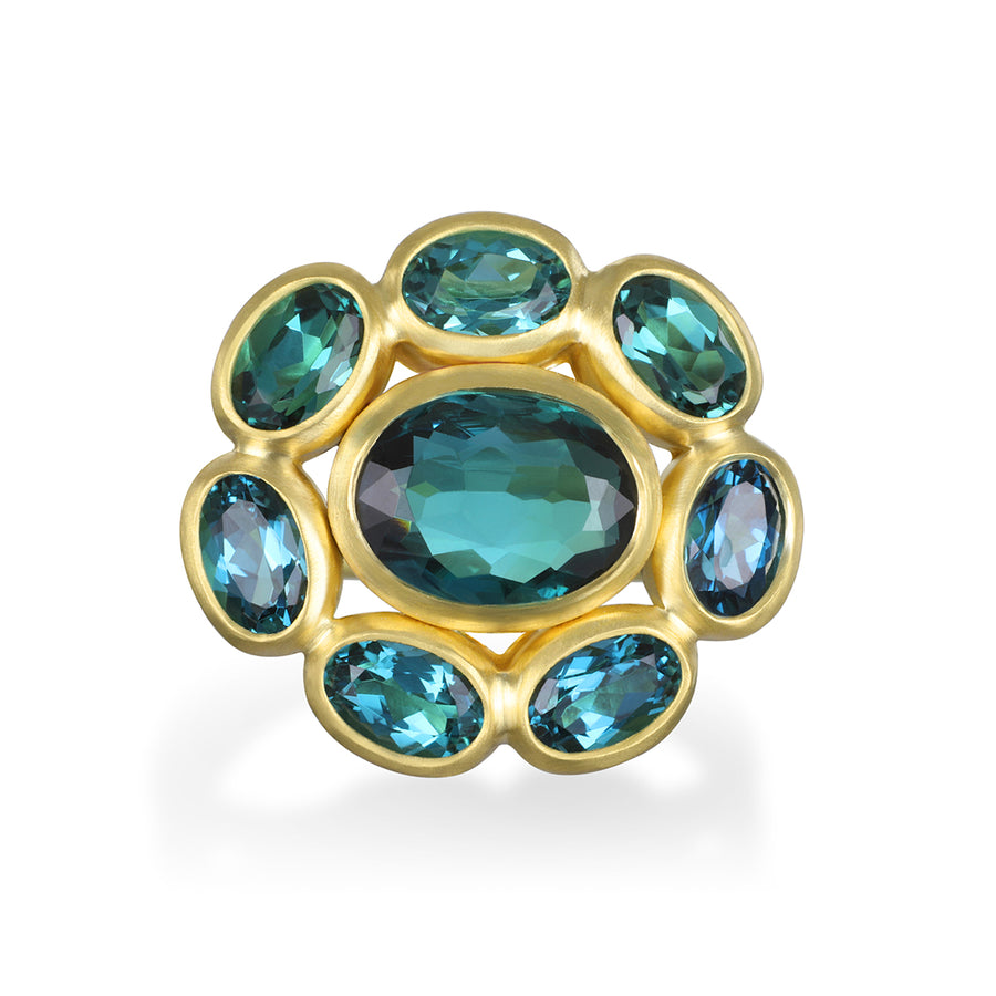 18 Karat Gold Blue-Green Tourmaline Daisy Ring