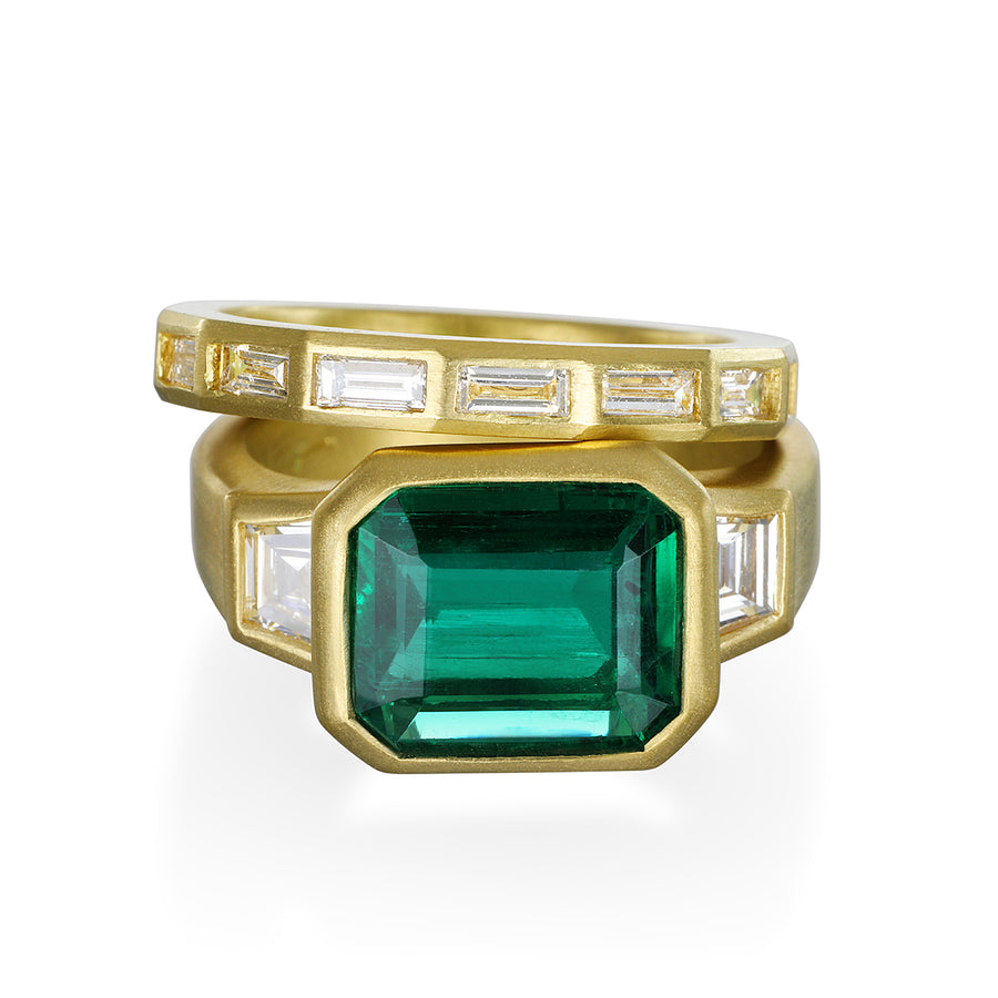 18 Karat Gold Emerald and Diamond Three Stone Ring