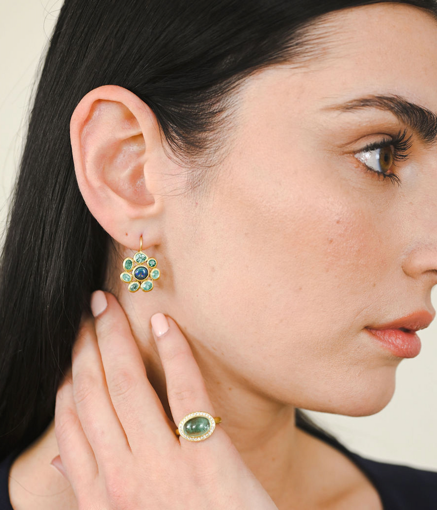 18 Karat Gold Black Opal Paraiba Tourmaline Daisy Earrings