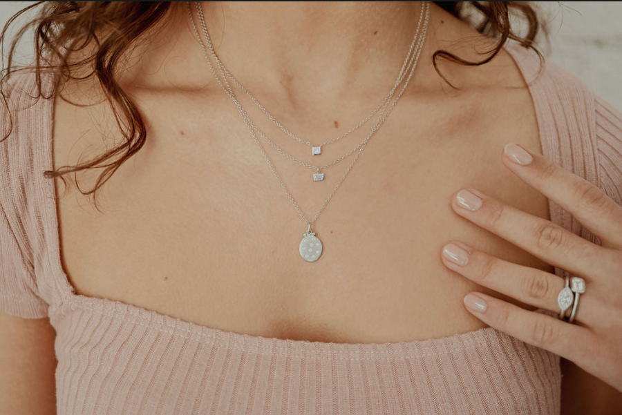 18 Karat White Gold Diamond Baguette Drop Necklace