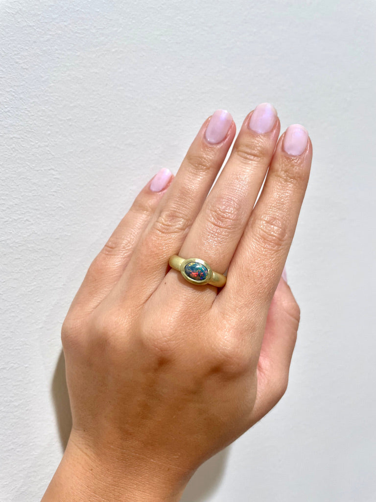 18 Karat Gold Lightning Ridge Black Opal Bezel Ring