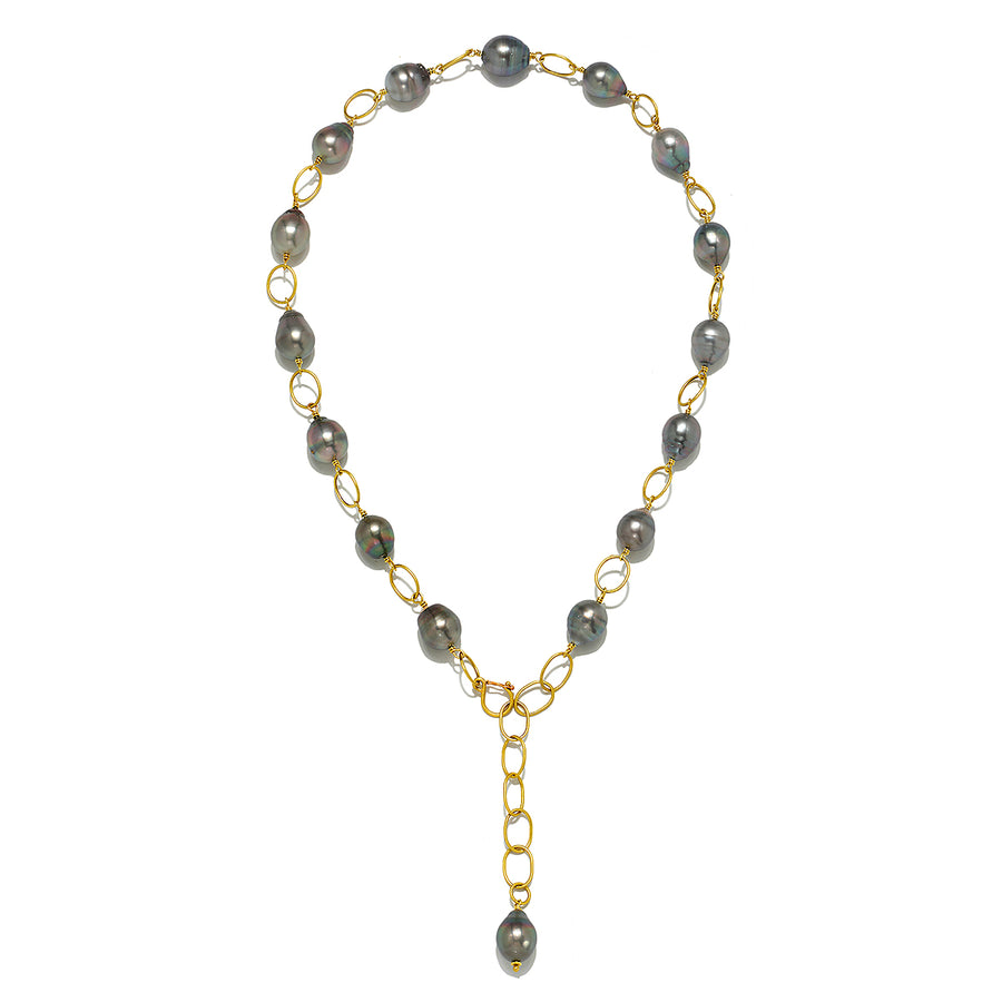 18 Karat Gold Black Tahitian Pearl Link Necklace