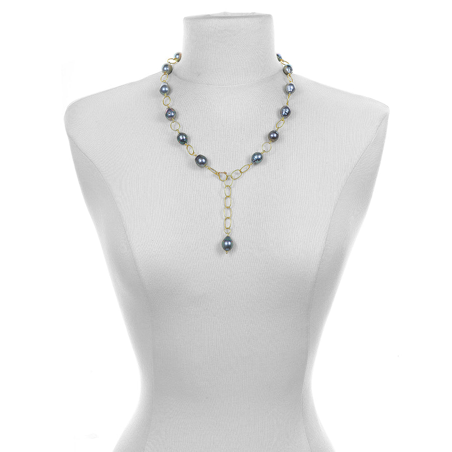 18 Karat Gold Black Tahitian Pearl Link Necklace
