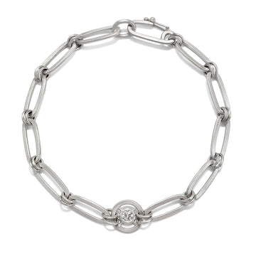 Platinum Paperclip Link Bracelet with Diamond Wheel