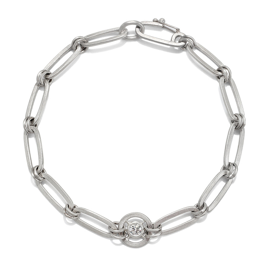 Platinum Paperclip Link Bracelet with Diamond Wheel