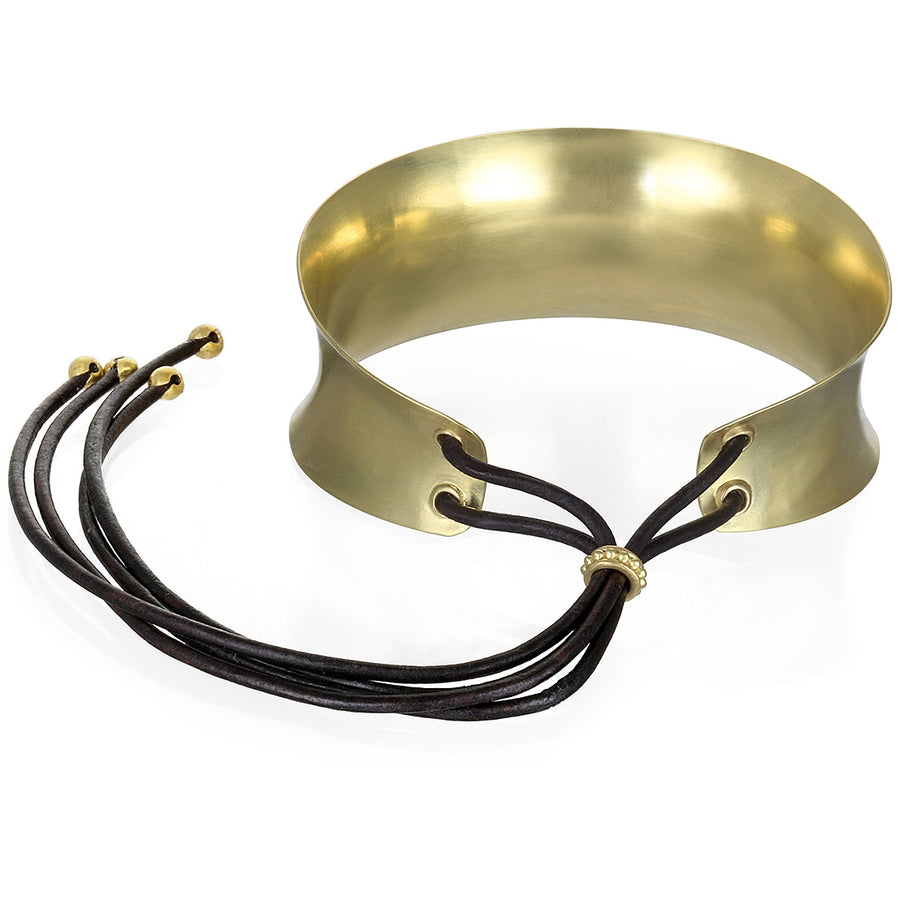 18 Karat Gold Anticlastic Gold Cuff with Leather