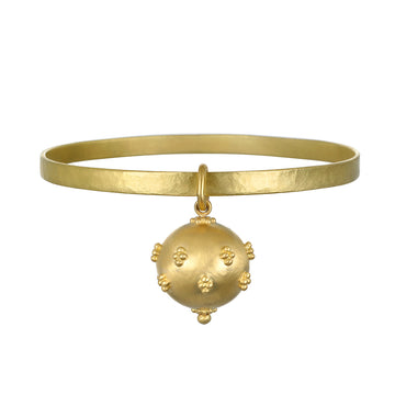 18 Karat Gold Hammered Bangle Bracelet with Granulation Ball Charm
