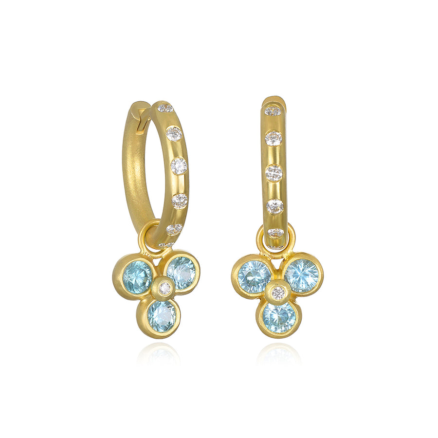 18 Karat Gold Burnished Diamond Hoops with Triple Blue Zircon Drops