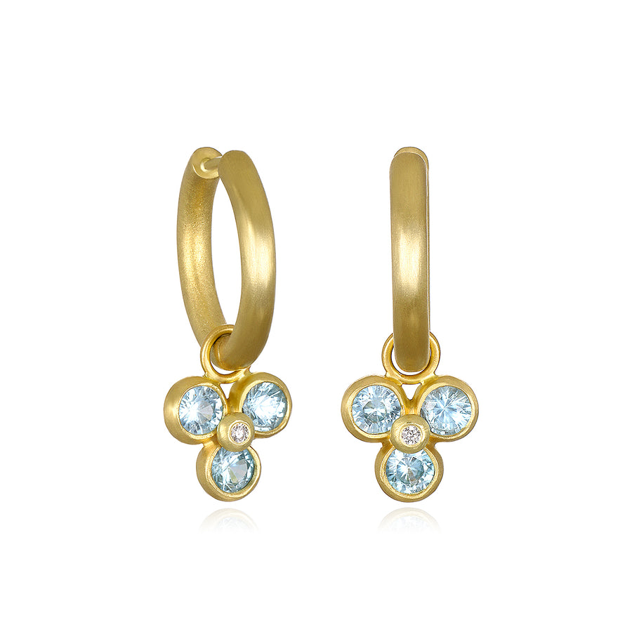 18 Karat Gold Burnished Diamond Hoops with Triple Blue Zircon Drops