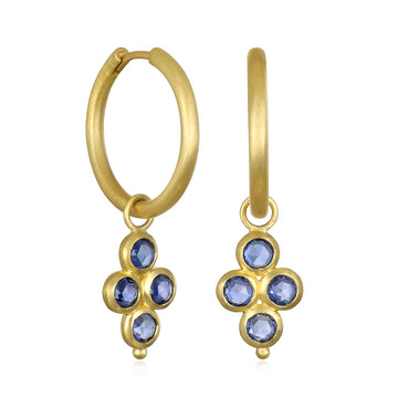 18 Karat Gold Hoops with Blue Sapphire Quad Drops