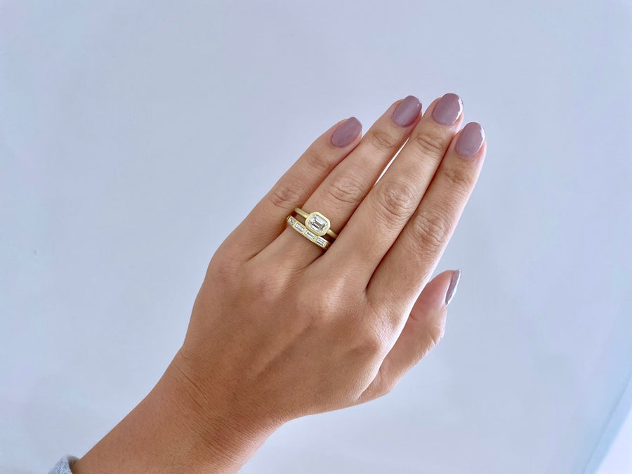 18 Karat Gold Emerald Cut Diamond Bezel Set Solitaire Ring