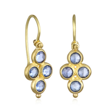 18 Karat Gold Blue Sapphire Rose Cut Quad Drop Earrings