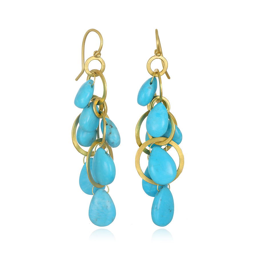18 Karat Gold Turquoise Planished Multi-Loop Briolette Earrings