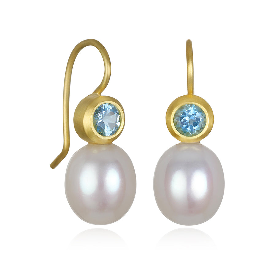18 Karat Gold Aquamarine and Freshwater Pearl Drop Earrings
