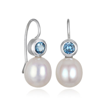 White Gold Aquamarine and Freshwater Pearl Drop Earrings