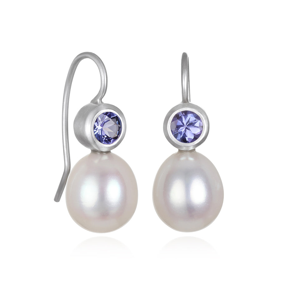 White Gold Tanzanite and Freshwater Pearl Drop Earrings