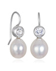 White Gold White Sapphire and Freshwater Pearl Drop Earrings