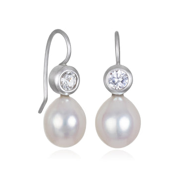 White Gold White Sapphire and Freshwater Pearl Drop Earrings