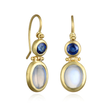 18 Karat Gold Blue Sapphire and Ceylon Moonstone Hinge Earrings