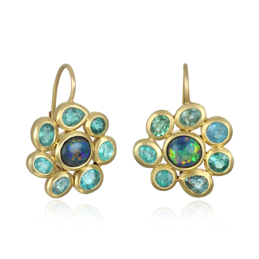 18 Karat Gold Black Opal Paraiba Tourmaline Daisy Earrings