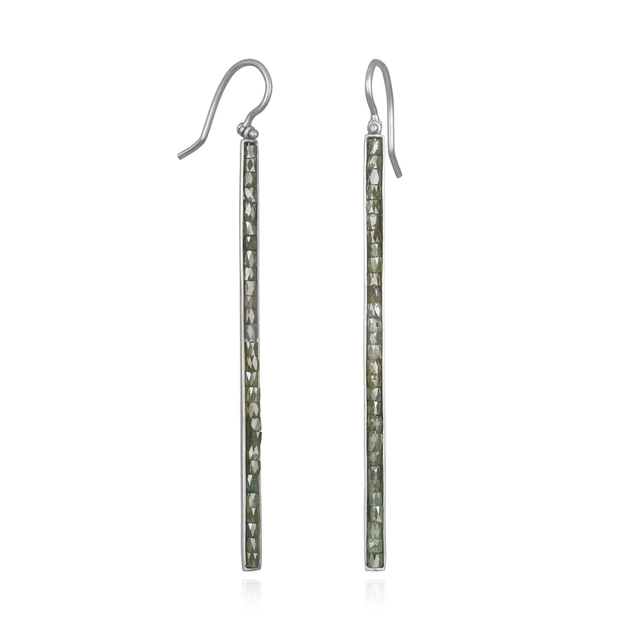 Platinum Dark Green Diamond Bar Earrings