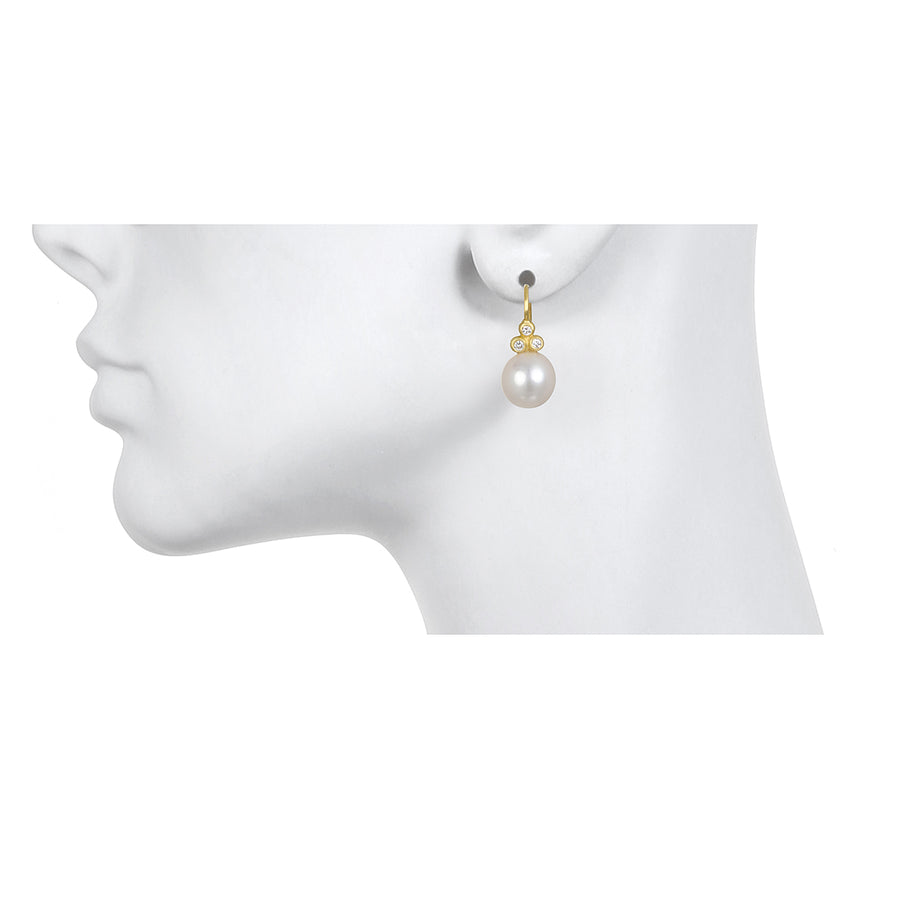 White Freshwater Pearl Drop Earrings with Triple Diamonds