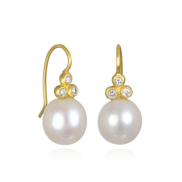 White Freshwater Pearl Drop Earrings with Triple Diamonds