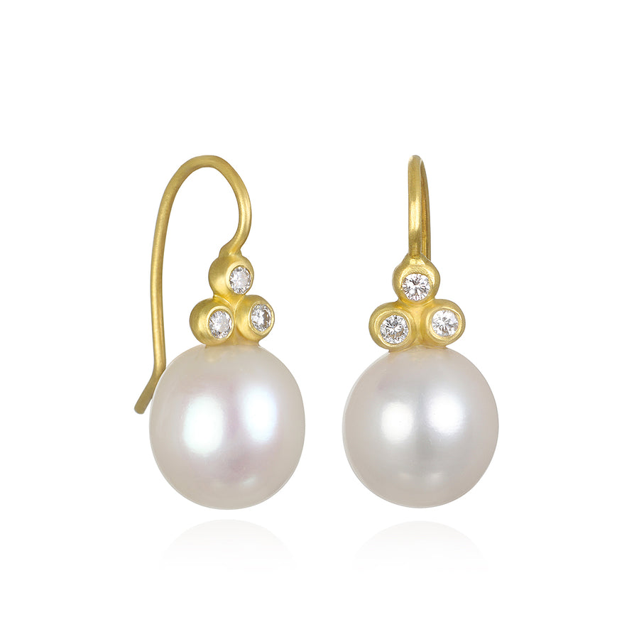White Freshwater Pearl Drop Earrings with Triple Diamonds