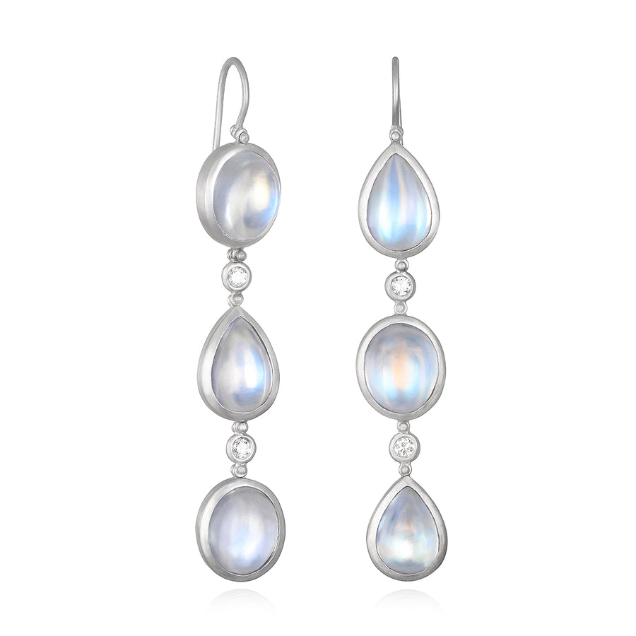 Platinum Diamond Ceylon Moonstone Line Earrings
