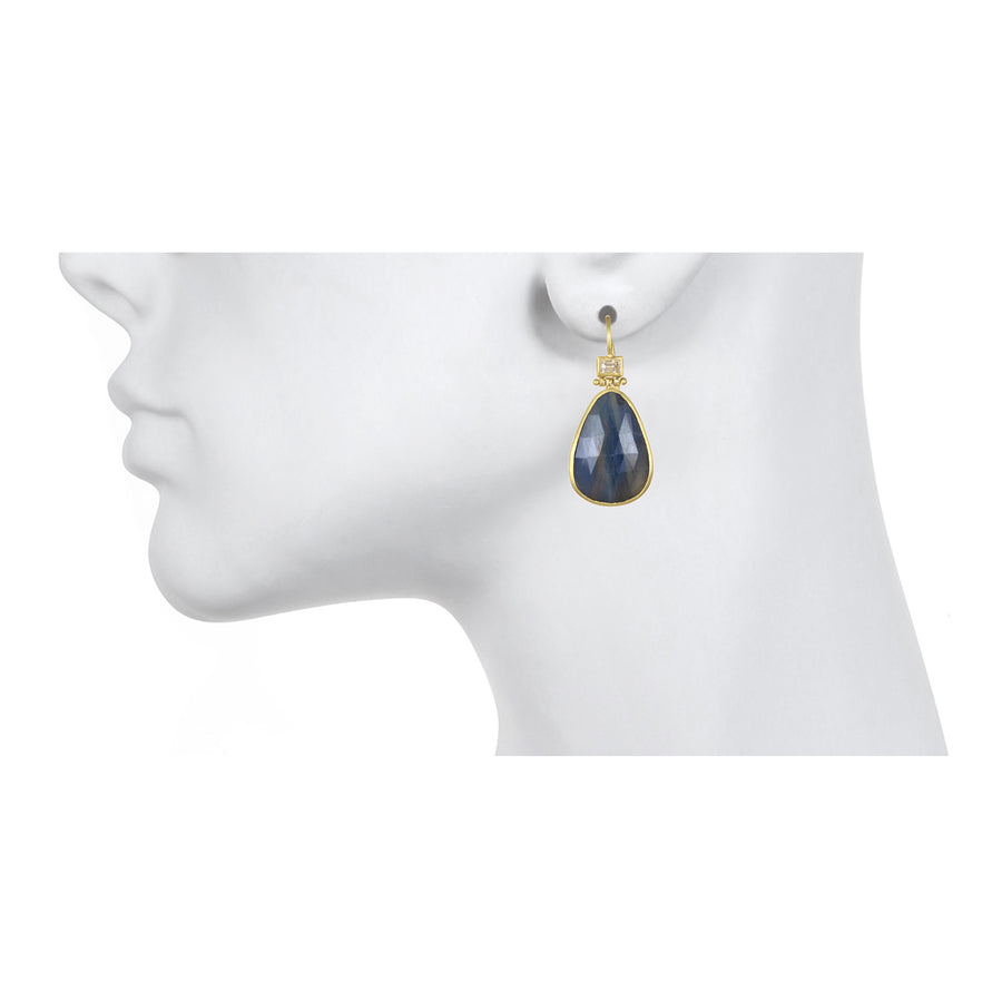 18 Karat Gold Blue Sapphire Baguette Slice Earring