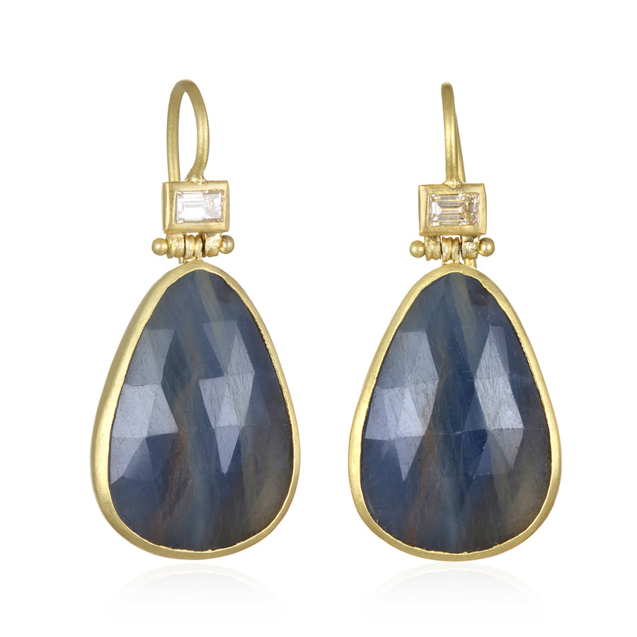18 Karat Gold Blue Sapphire Baguette Slice Earring