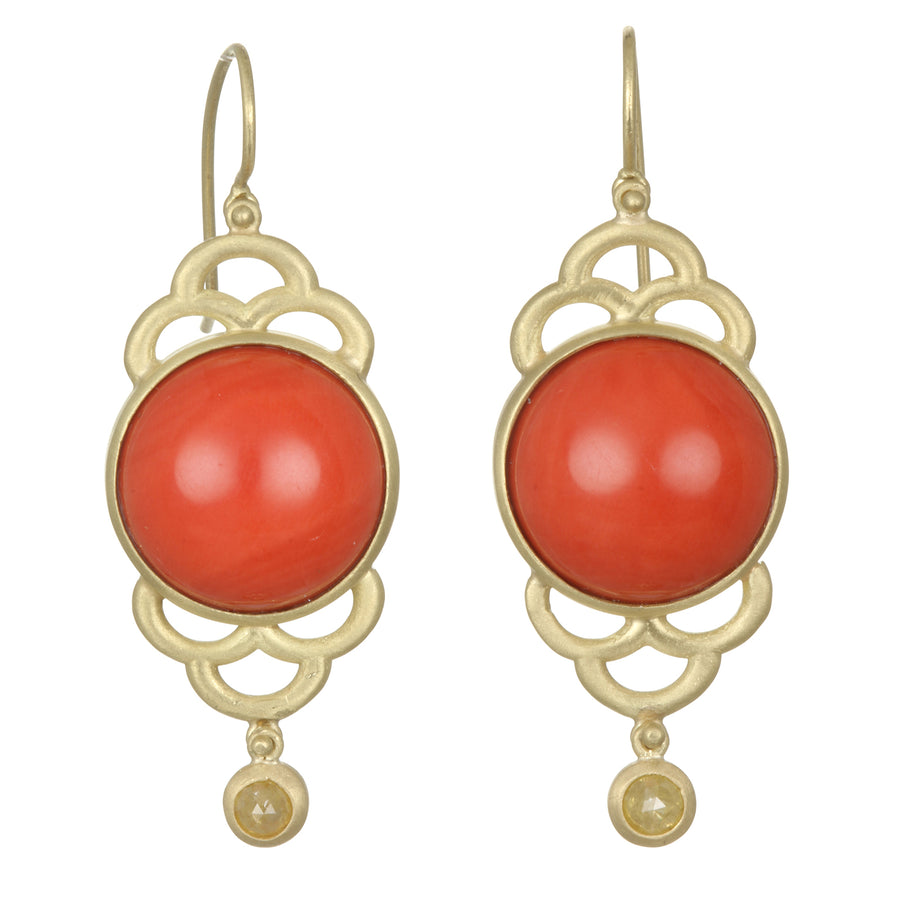 18 Karat Gold Coral Diamond Scallop Earrings