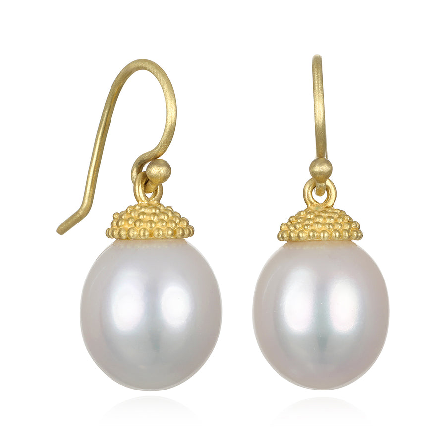 18 Karat Gold Freshwater Pearl Earrings with Granulation Cap