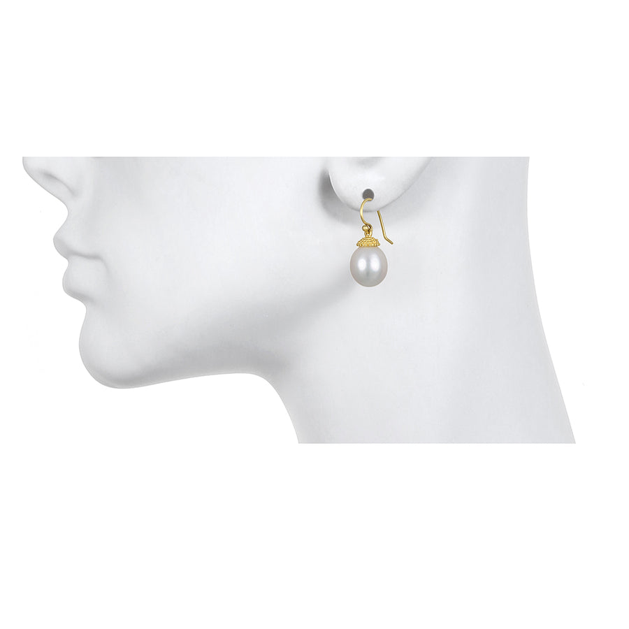 18 Karat Gold Freshwater Pearl Earrings with Granulation Cap